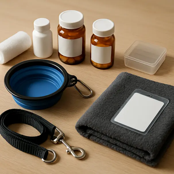 Travel emergency kit for a pet showing first-aid supplies, medications, water bowl, leash, and emergency card on a table