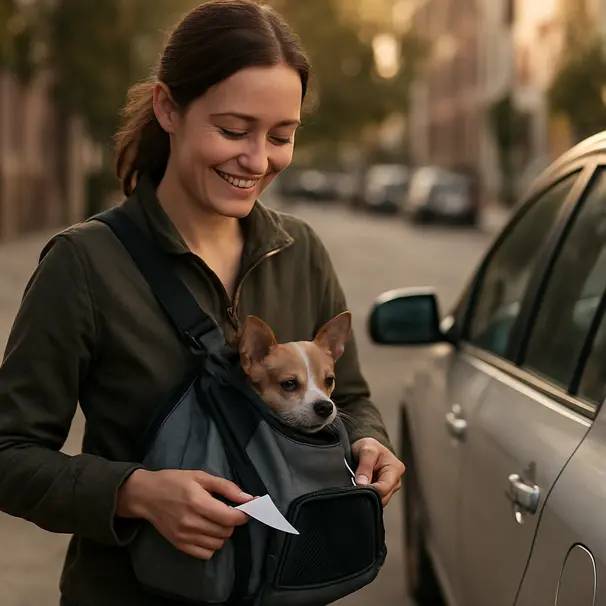 Pet carer carrying a small dog in a carrier toward a parked car while holding an emergency card