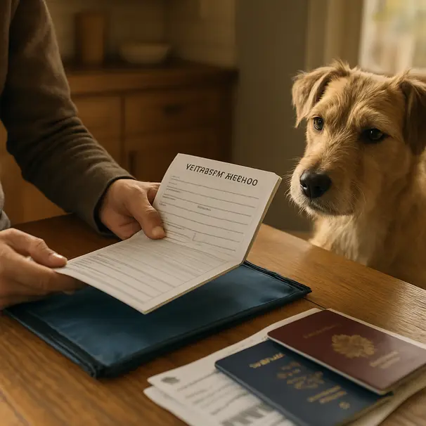 Pet owner at kitchen table sorting vet records and documents while a terrier waits nearby
