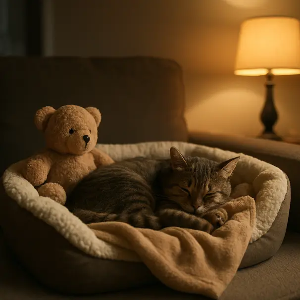 Quiet recovery corner with bedding, toy, and a curled cat under warm evening light