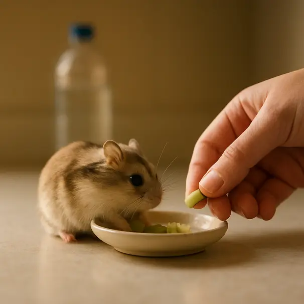 Dwarf hamster eating from a dish while a carer offers a small vegetable piece, water bottle in background