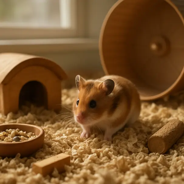 Syrian hamster exploring a cozy indoor cage with bedding, wooden hideout, solid wheel and toys