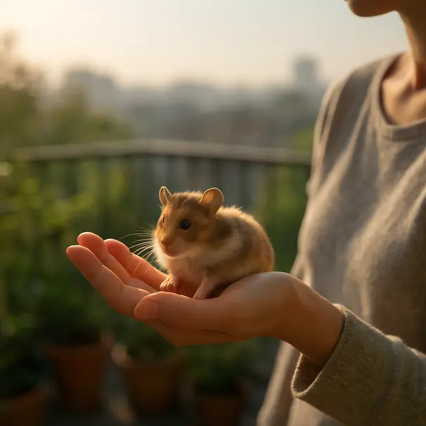 Carer holding a hamster on an open palm on a sunny balcony, plants and soft cityscape background
