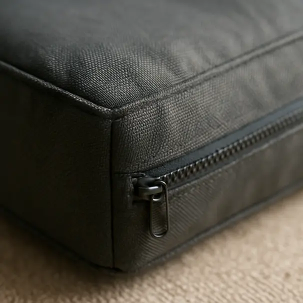 Close-up of ballistic nylon dog bed showing double-stitched seams and a protected zipper flap, detailed texture visible