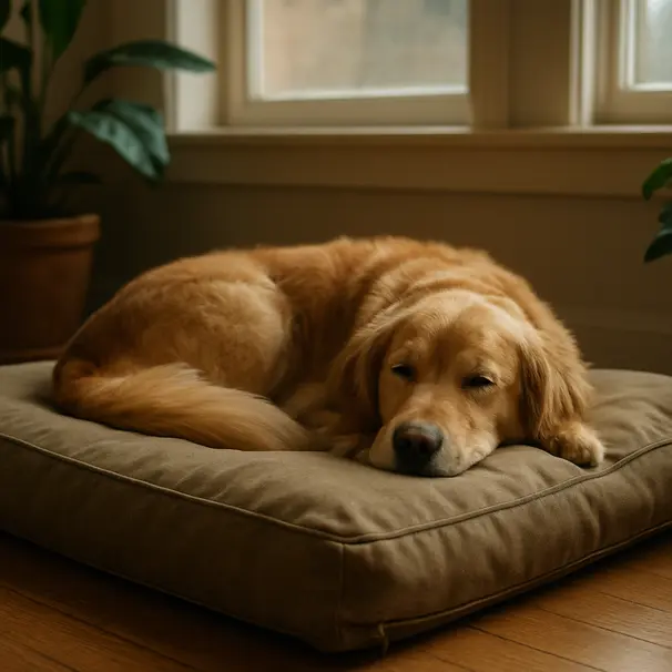 Golden retriever curled on a heavy-duty canvas dog bed in a sunlit living room, showing reinforced seams and cozy surroundings