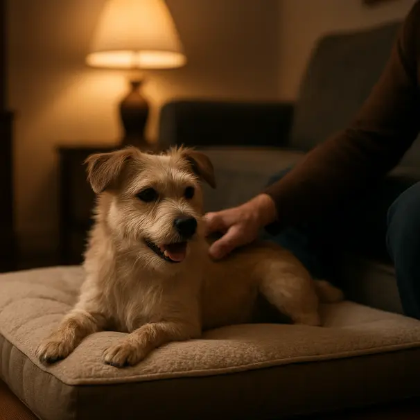 Small terrier resting on a dense foam dog bed with removable cover while owner sits nearby in a warmly lit living room