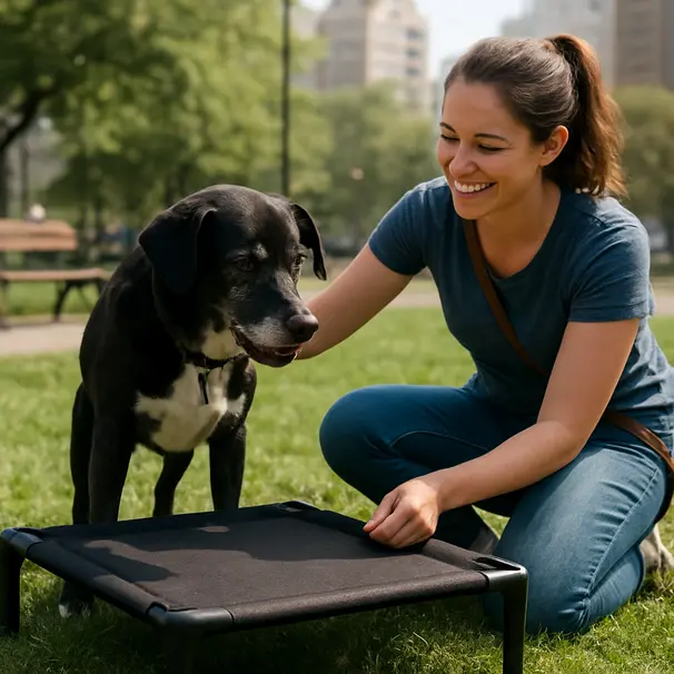 Pet carer and mixed-breed dog next to an elevated cot-style chew-resistant bed in a park, mid-afternoon natural light