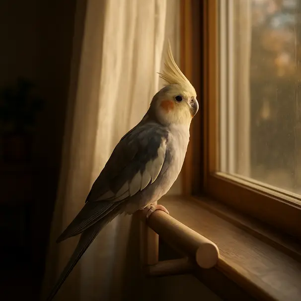 Un cockatiel en un percho de madera junto a una ventana con luz de tarde, interior hogareño, el ave observa el exterior
