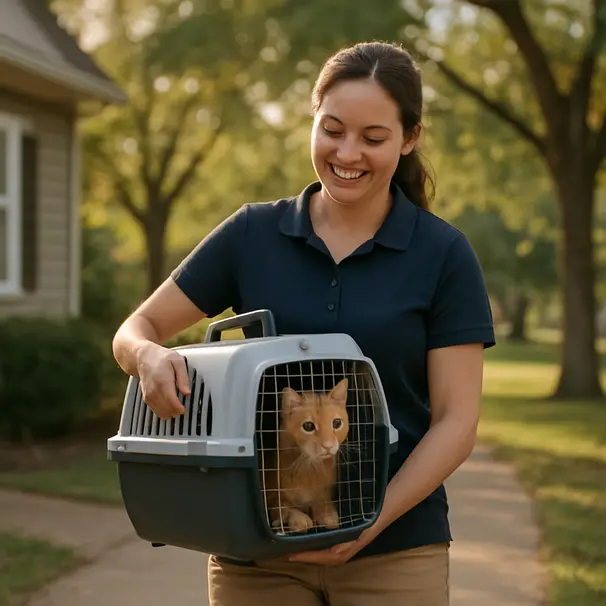 Pet carer carrying a carrier with a ginger cat peeking out while walking outside in the morning
