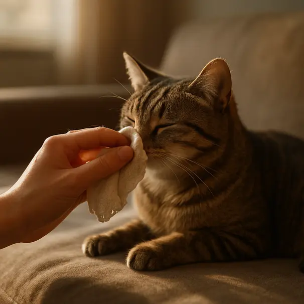Owner wiping a domestic shorthaired cat's nose on a couch in a sunlit living room