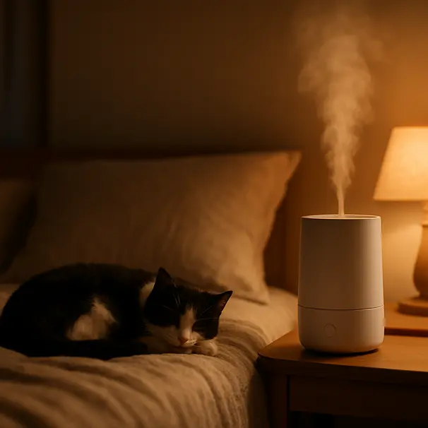 Black and white cat resting near a cool-mist humidifier on a bedside table at night