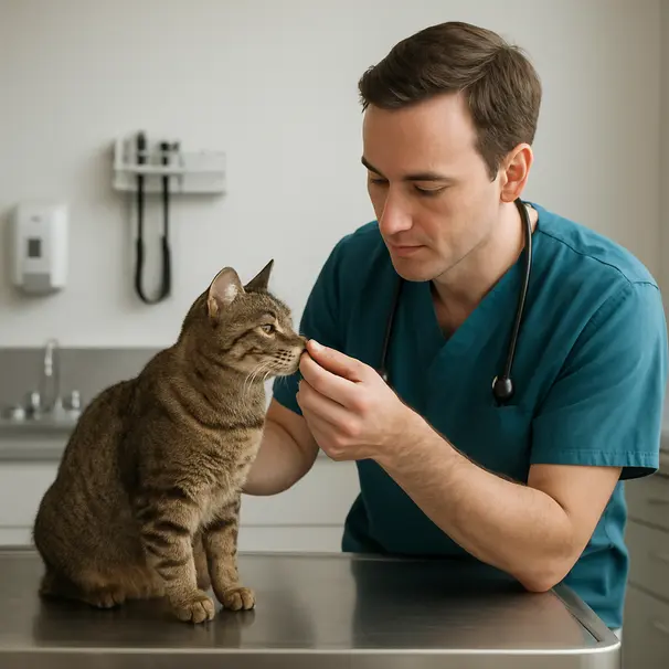 Veterinarian examining a tabby cat's nose on an exam table in a bright clinic