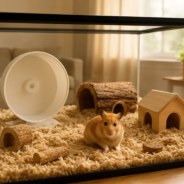 Spacious hamster cage with deep bedding, wheel, wooden hides, and toys in a sunlit living room