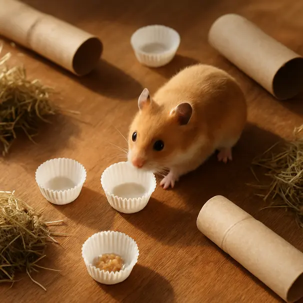 Hamster exploring a foraging play area with cups, cardboard tubes, and hay under afternoon light