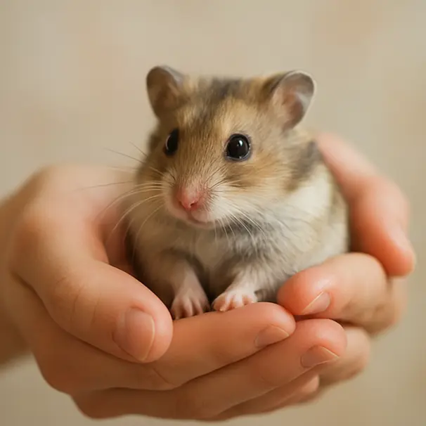 Carer holding a hamster gently in both hands indoors, showing trust-building handling
