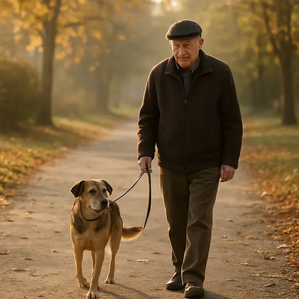 Senior person walking a calm medium dog on a park path at morning, golden light, dog on short leash