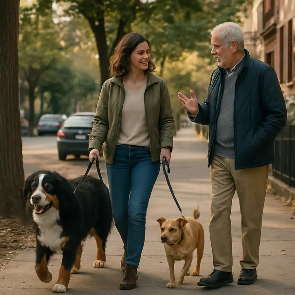 Pet carer walking two dogs while talking with an older adult on a tree-lined urban street in late afternoon
