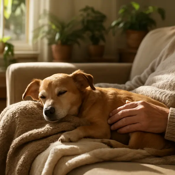 Small dog curled on a senior's lap in a sunny living room, soft blankets and houseplants visible