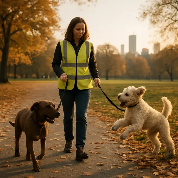 En pet carer går to forskellige hunde i en park ved aftensol, legende stemning.