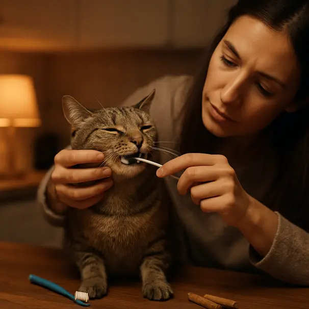 En pet carer tjekker forsigtigt en kats tænder ved køkkenbordet under blødt lys.