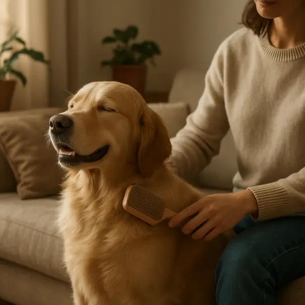 En ejer børster en gylden retriever i en hyggelig stue om morgenen, kærlig pelspleje.