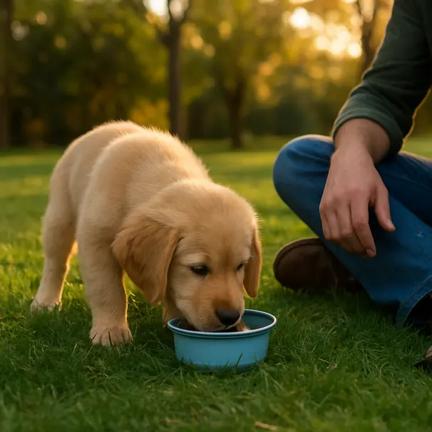 Golden retriever puppy eating from a bowl on grass in a park with owner nearby in late afternoon light