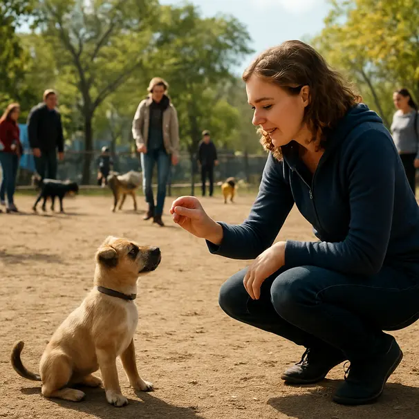 Puppy practicing sit and stay in a city dog park with a pet carer giving a treat