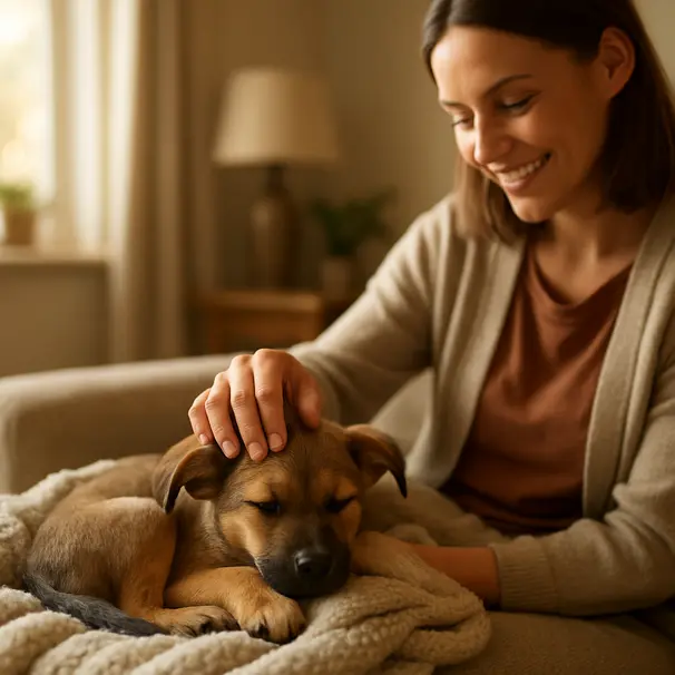 Puppy cuddling on a blanket indoors with a pet carer stroking its head in morning light