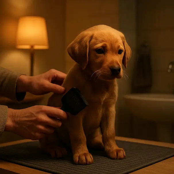 Puppy being brushed on a grooming mat indoors at dusk with warm lamp light and a calm carer