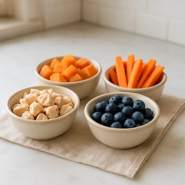 Kitchen counter with bowls of dog-safe snacks including diced cooked chicken, sweet potato cubes, blueberries, and carrot sticks arranged neatly, daylight illuminating the food.