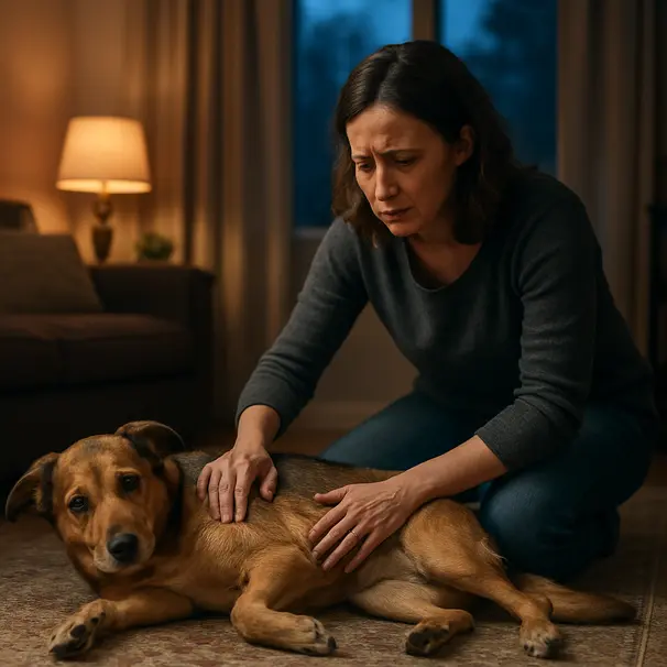 Owner kneeling beside a medium mixed-breed dog on a rug in a dim living room, checking the dog's belly with a worried expression, evening light through a window.