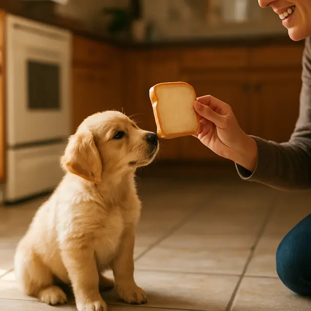 Small golden retriever puppy in a kitchen sniffing a slice of plain white bread held by a person, warm morning light, close framed showing puppy's hopeful expression.