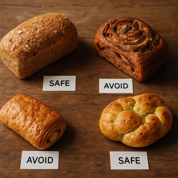 Overhead view of a wooden table with multiple types of bread including whole-grain, cinnamon-raisin, garlic knot, and a pastry, with labels suggesting which are safe or risky for dogs.