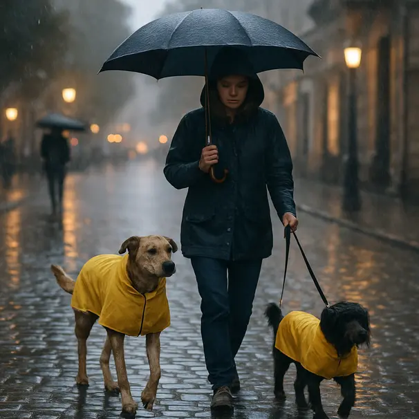 Pet carer walking two dogs wearing raincoats on a wet cobblestone street in the evening rain