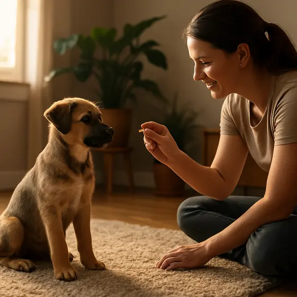 Pet carer crouching and offering a treat to a young mixed-breed puppy indoors during a calm training session