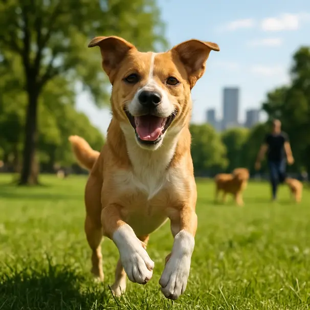 A medium-sized dog running across a sunny park lawn with trees and a blurred city skyline in the background
