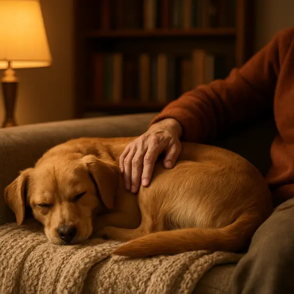 Small golden dog curled up on a couch with owner gently stroking it under warm lamplight