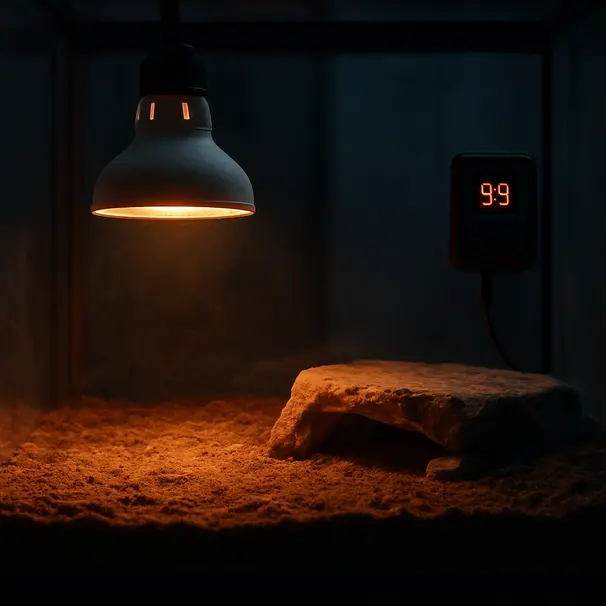 Interieur van een terrarium met keramische warmtelamp en thermostaat, warm licht