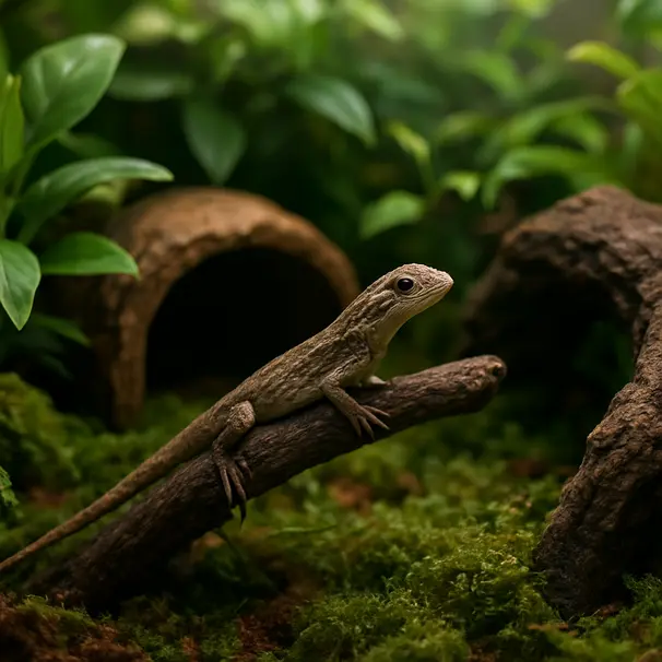 Een terrarium met levende planten, takken en schuilplaatsen met een kleine hagedis