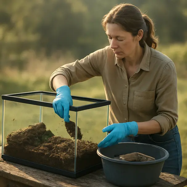 Een verzorger die een terrarium schoonmaakt buiten, accessoires en emmer zichtbaar
