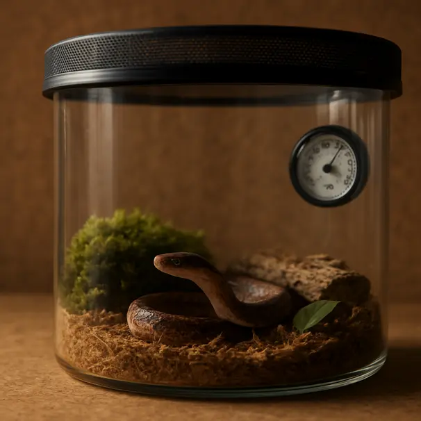 Een glasterrarium met kurkachtergrond en thermometer, geschikt voor een jonge slang