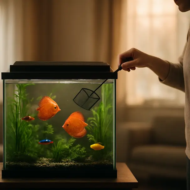 Eier inspiserer et hjemmeakvarium om morgenen med fisk som svømmer blant planter