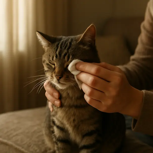 Person gently cleaning a tabby cat's eye with a damp cloth inside a cozy living room