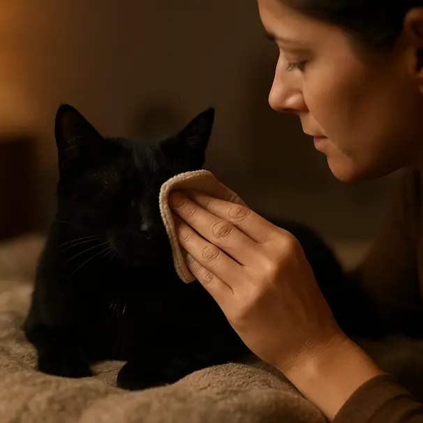 Pet carer applying a warm compress to a black cat's closed eye on a blanket indoors