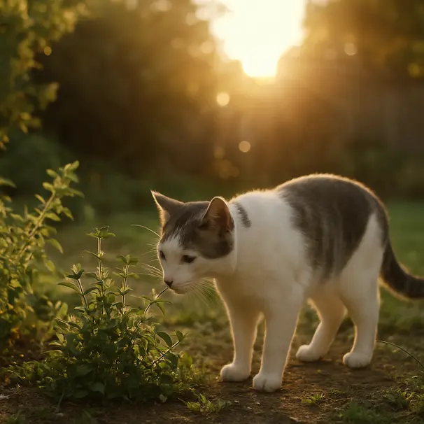 White-and-gray cat sniffing plants in a backyard garden during golden hour