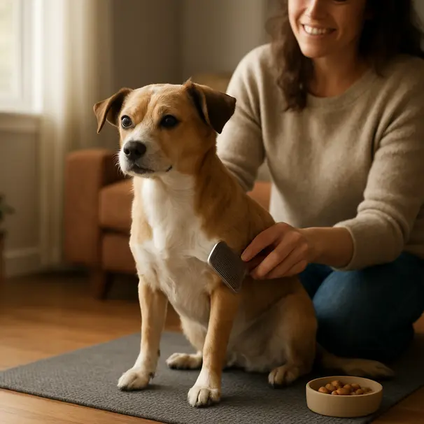 Owner brushing a small mixed-breed dog indoors on a non-slip mat with window light and treats nearby