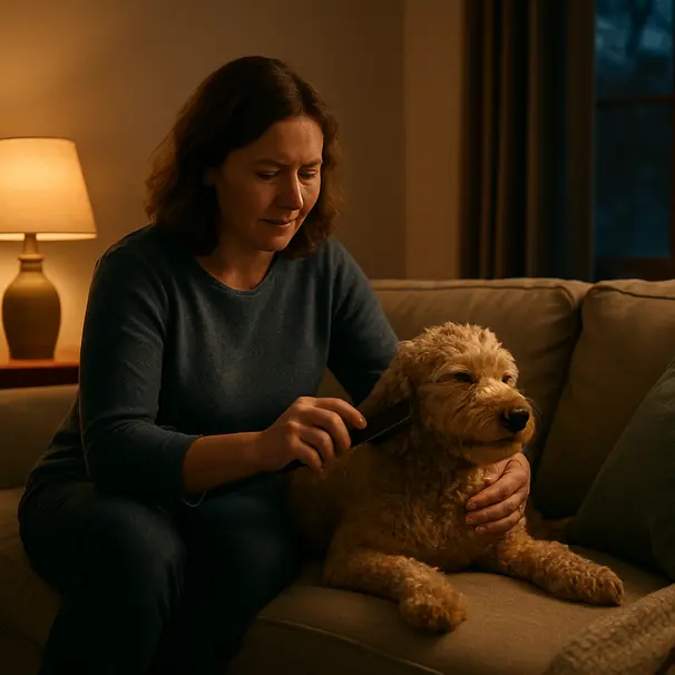 Person brushing a curly-coated dog on a couch at dusk with warm lamp light and a relaxed mood