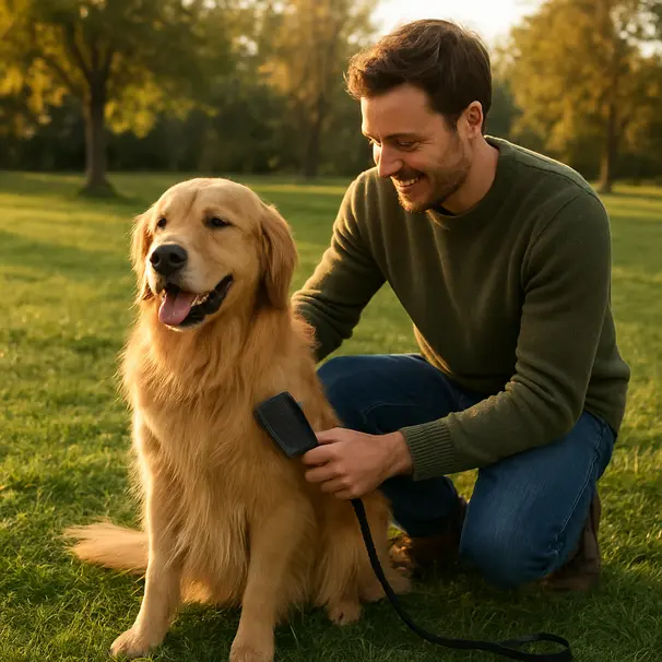 Person examining and brushing a long-coated golden retriever in a park during golden hour