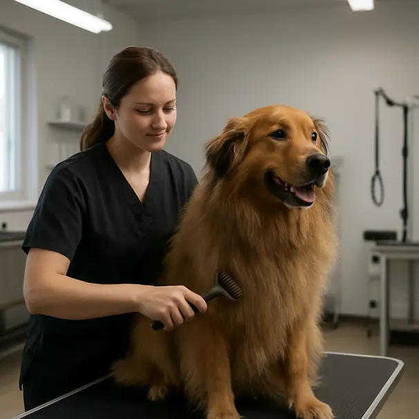 Professional groomer removing mats from a large double-coated dog on a grooming table in a salon