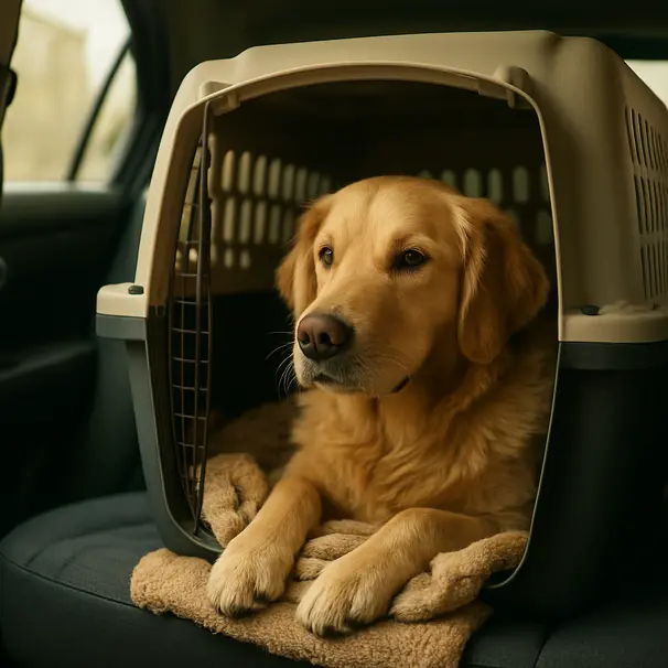Golden retriever resting inside a travel crate on a car backseat with a blanket and sunlight coming through the window